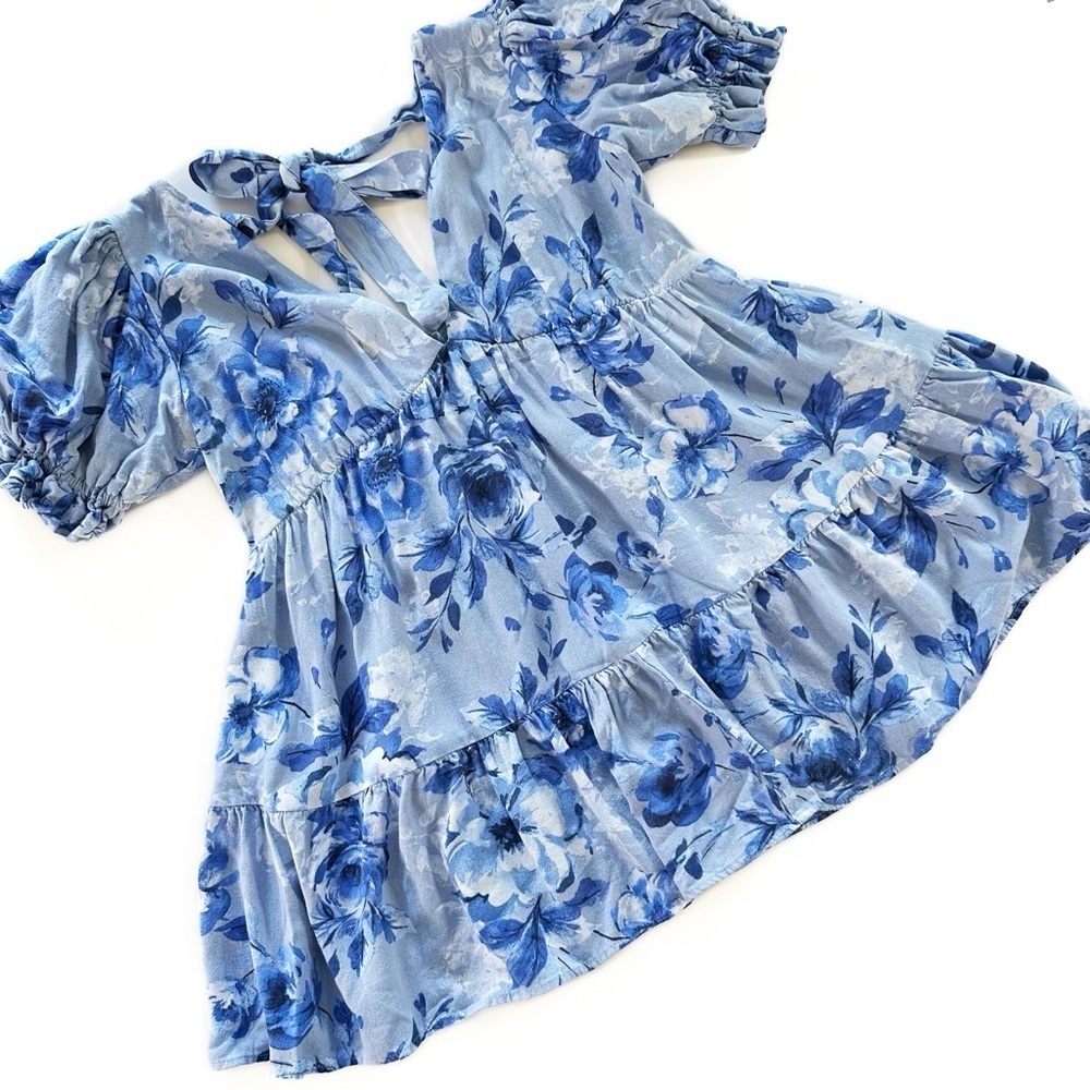 Altar’d State Women Small Blue Linen Blend Floral Tiered Puff Sleeve Mini Dress